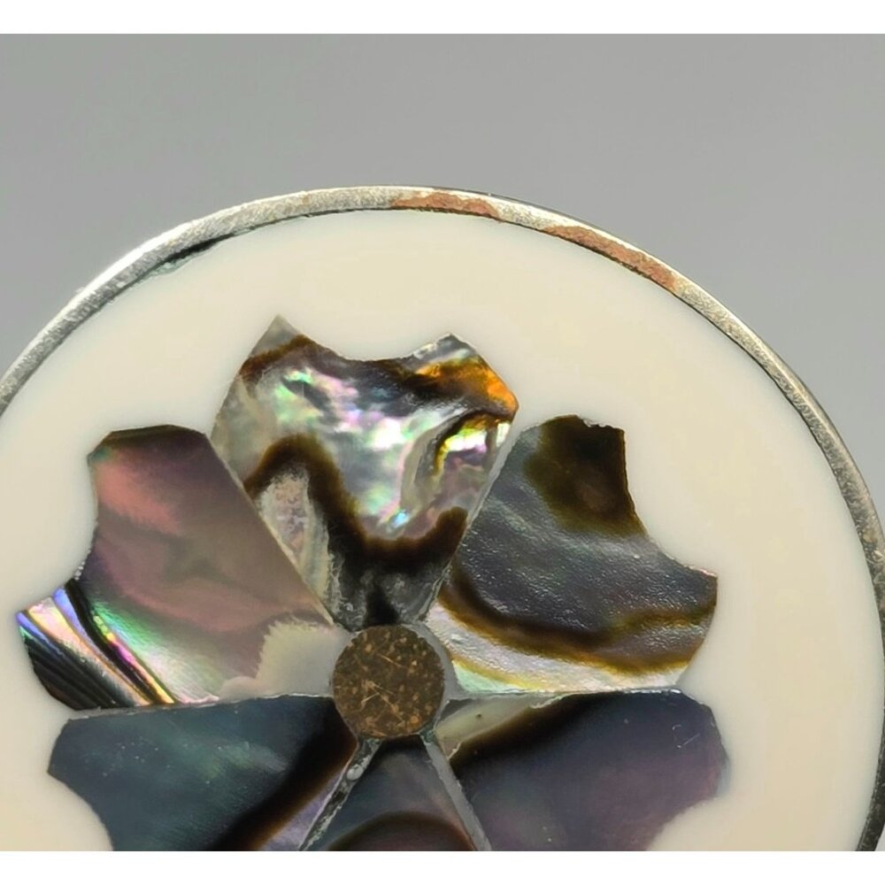 VTG Alpaca Silver Abalone Enamel Earrings 1" Mexico Teardrop Inlay Signed - Picture 7 of 8